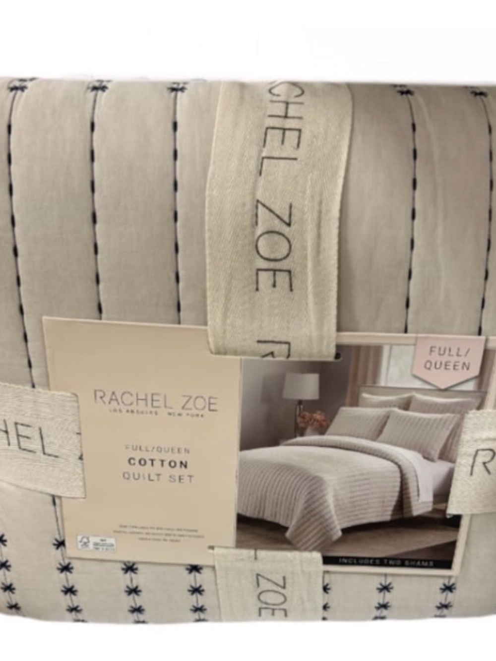 Rachel Zoe Full/Queen Natural and Blue Cotton Quilt Set 88”x92”